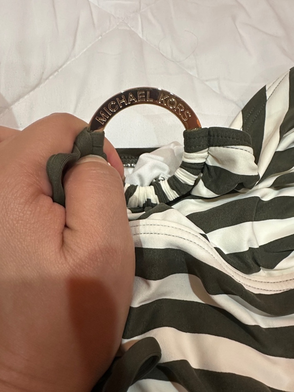 NWOT Michael Kors Black and White Striped Tankini with Olive Bottoms size M - Picture 3 of 9